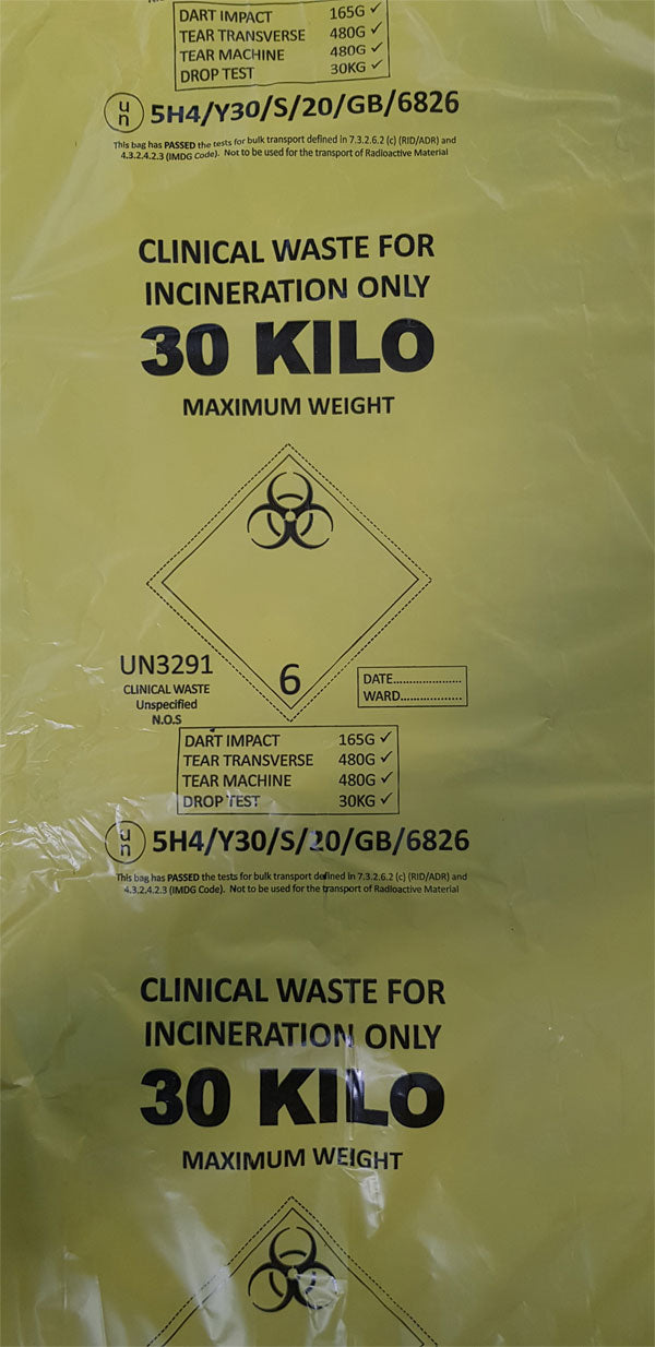 Click - Roll of 100 - ADR CLINICAL WASTE BAGS 30KG YELLOW -