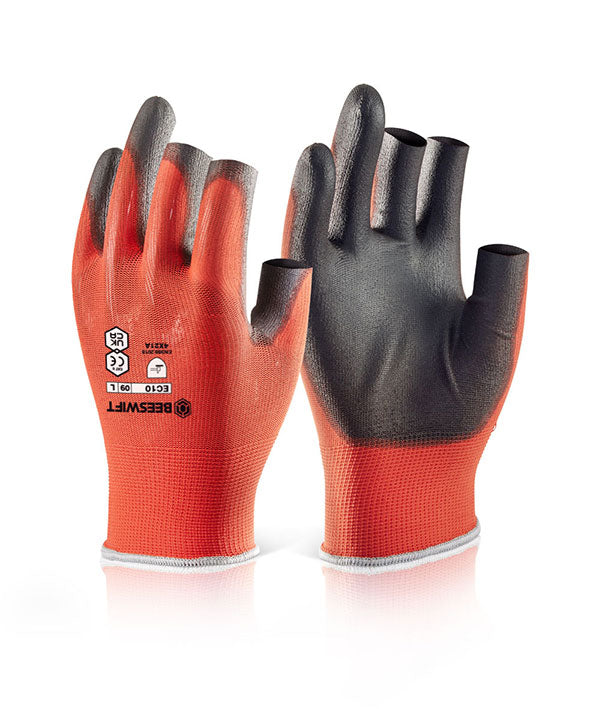 Pack of 10 Beeswift - PU COATED 3 FINGERLESS GLOVE L (SIZE 9) - Red