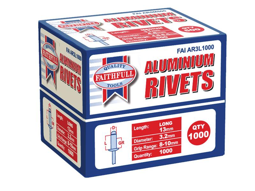 Faithfull FAIAR3L1000 Aluminium Rivets 3.2 x 13mm Long Bulk Pack of 1000 |