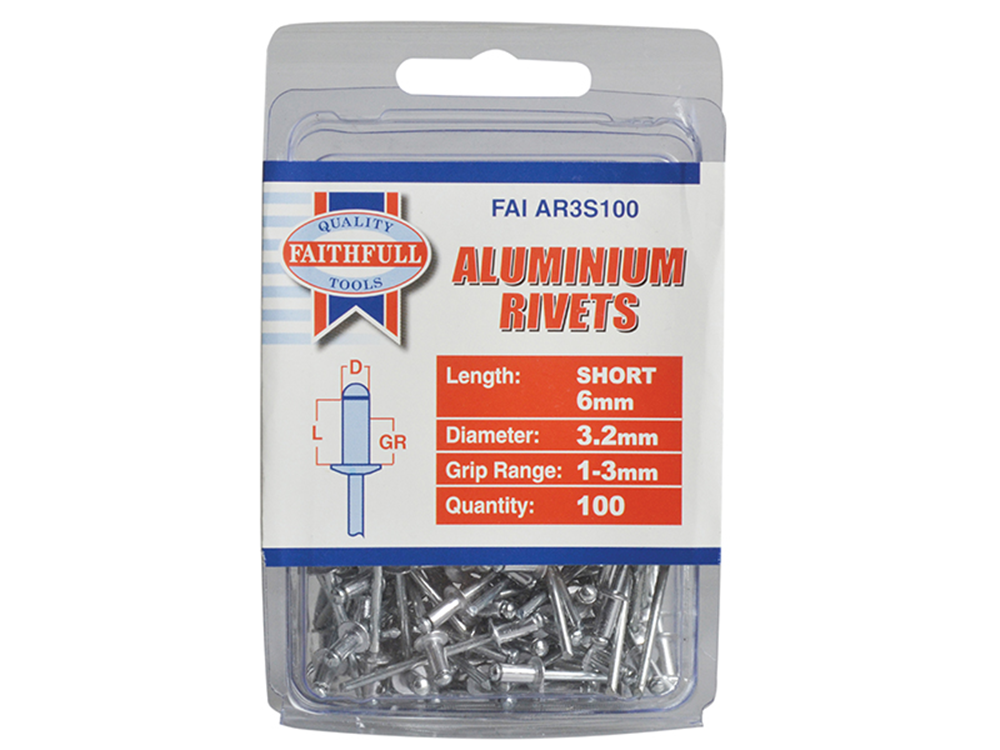 Faithfull FAIAR3S100 Aluminium Rivets 3.2 x 6mm Short Pre-Pack of 100 |