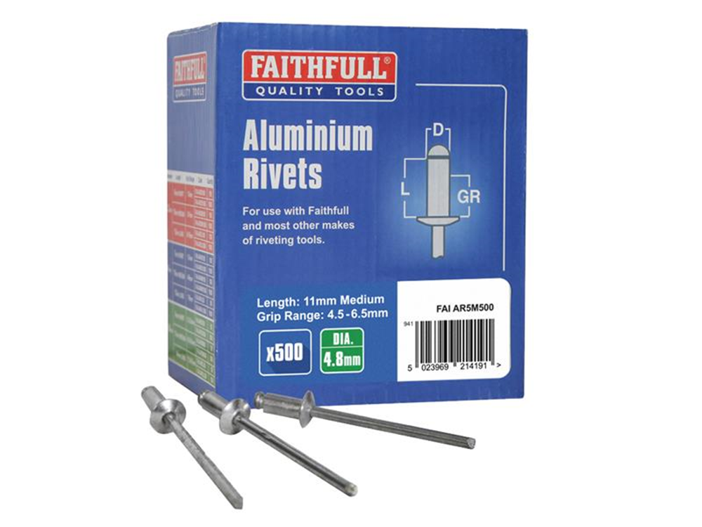 Faithfull FAIAR5M500 Aluminium Rivets 4.8 x 11mm Medium Bulk Pack of 500 |