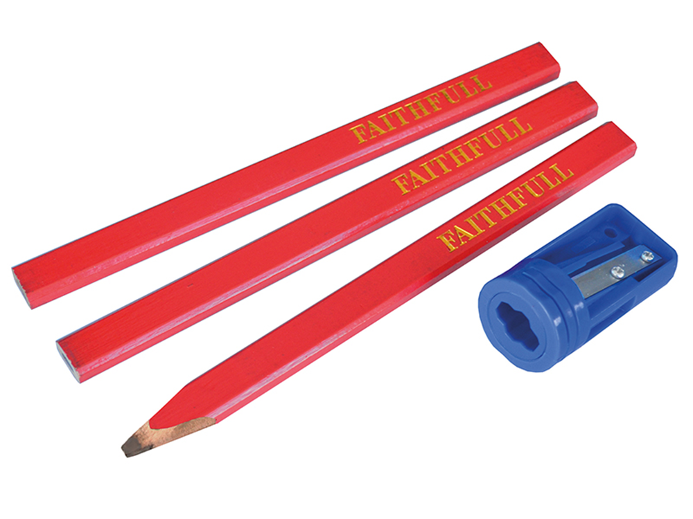 Faithfull FAICPSHARP Carpenter's Pencils Red (Pack 3 + Sharpener) |