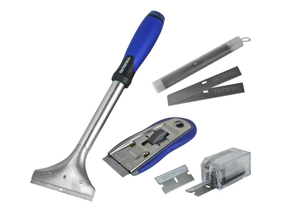 Faithfull FAISCRASET4 Long Handled Scraper & Razor Blade Scraper Set |