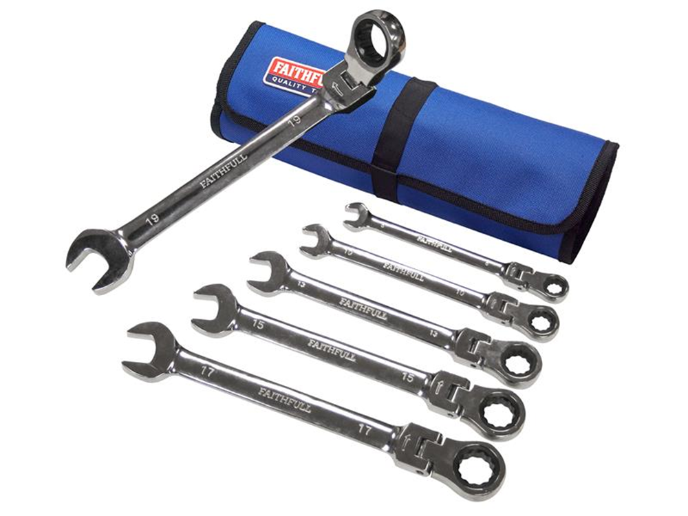 Faithfull FAISPARAT6SR Ratchet Combination Spanner Set in Tool Roll, 6 Piece |