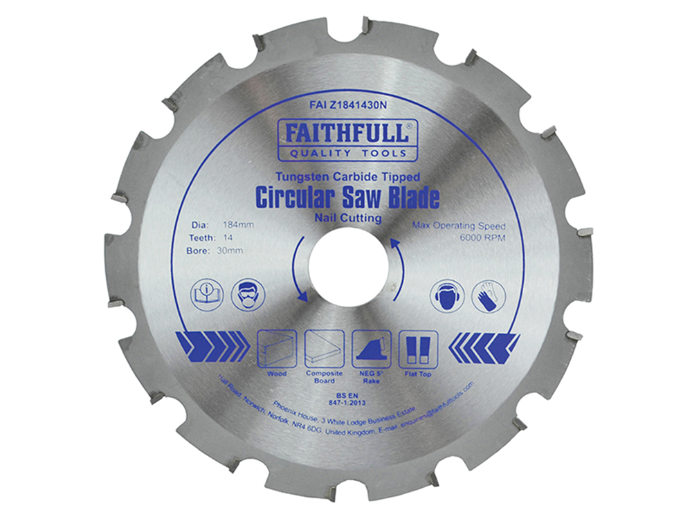 Faithfull FAIZ1841430N TCT Circular Saw Blade Nail Cutting 184 x 30mm x 14T NEG |