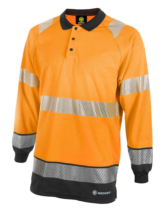 Beeswift - HIVIS TWO TONE POLO SHIRT L/S OR/BLK MED - Orange / Black