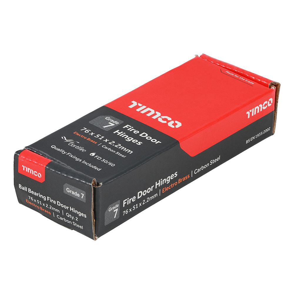 TIMCO 7 Fire Door Hinge E/Brass 76 x 51 x 2.2 Pack 2