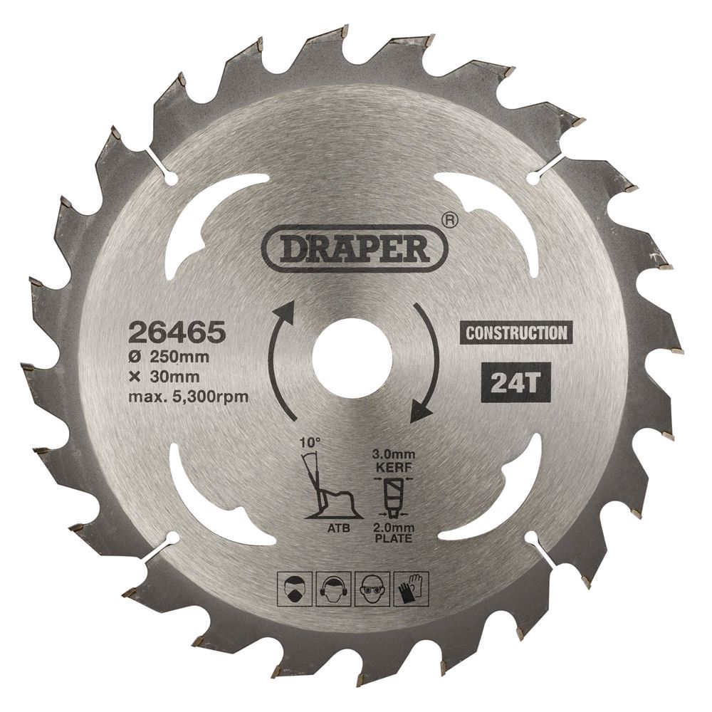Draper TCT SAW BLADE 250MM 24T CONS 26465 TCT Construction Circular Saw Blade, 250 x 30mm