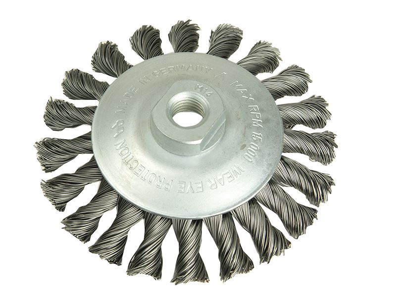 Lessmann 471.257 Conical Knot Brush 100mm M14 Bore, 0.50 Steel Wire