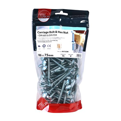 TIMCO Carriage Bolt & Hex Nut - BZP M6 x 75 Silver Pack 75