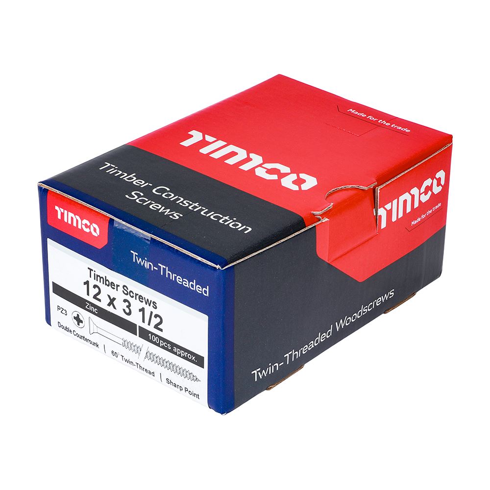 TIMCO Twin Woodscrew PZ3 CSK Zinc 12 x 3 1/2 Silver Pack 100