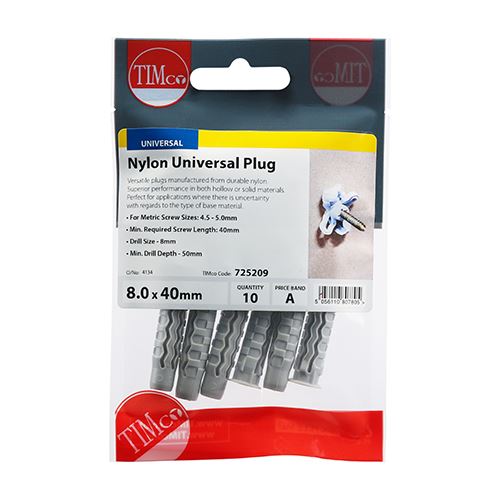 TIMCO Nylon Universal Plug 8.0 x 40 Pack 10
