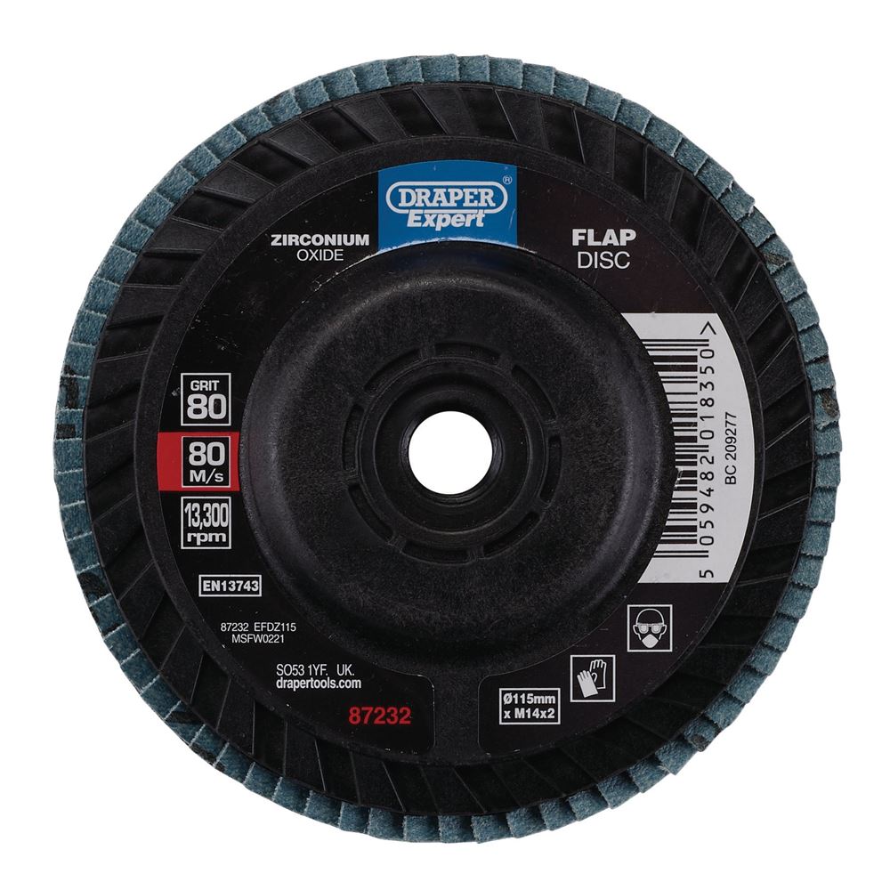 87232 Draper Expert Expert Zirconium Oxide Flap Disc, 115mm, M14, 80 Grit EFDZ115 Disc Flaps Professional Trade DIY Workshop Garage Use