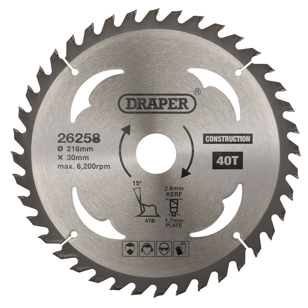 Draper TCT SAW BLADE 216MM 40T CONS 26258 TCT Construction Circular Saw Blade, 216 x 30mm