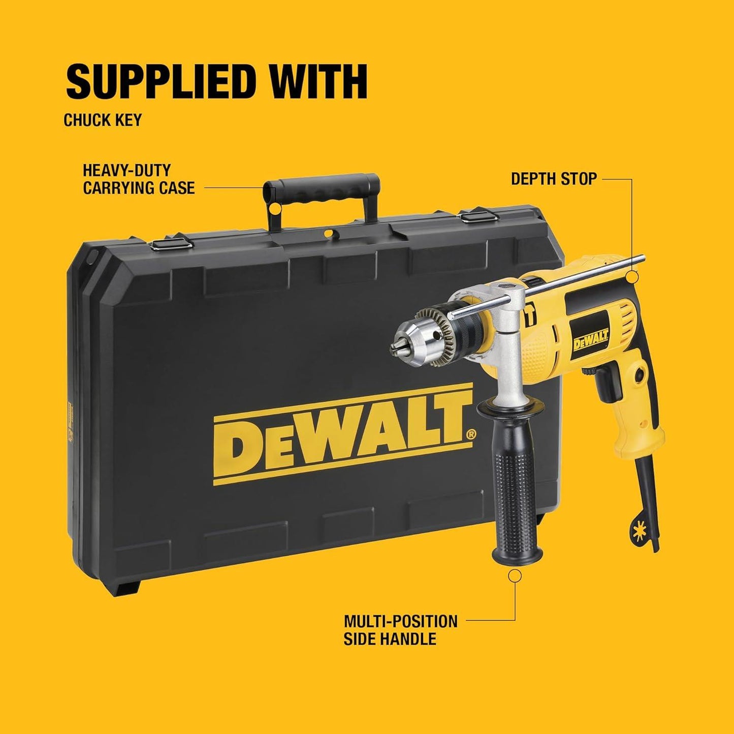 DeWalt DWD024K-GB 750W 13mm 240V Corded Percussion Drill with Variable Speed, Side Handle, Depth Stop and Carry Case