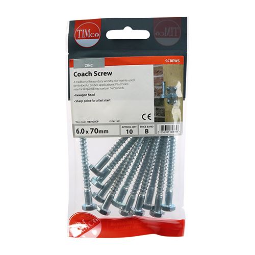 TIMCO Coach Screws Hex Head Silver - 6.0 x 70 TIMpac OF 10 - 0670CSCP