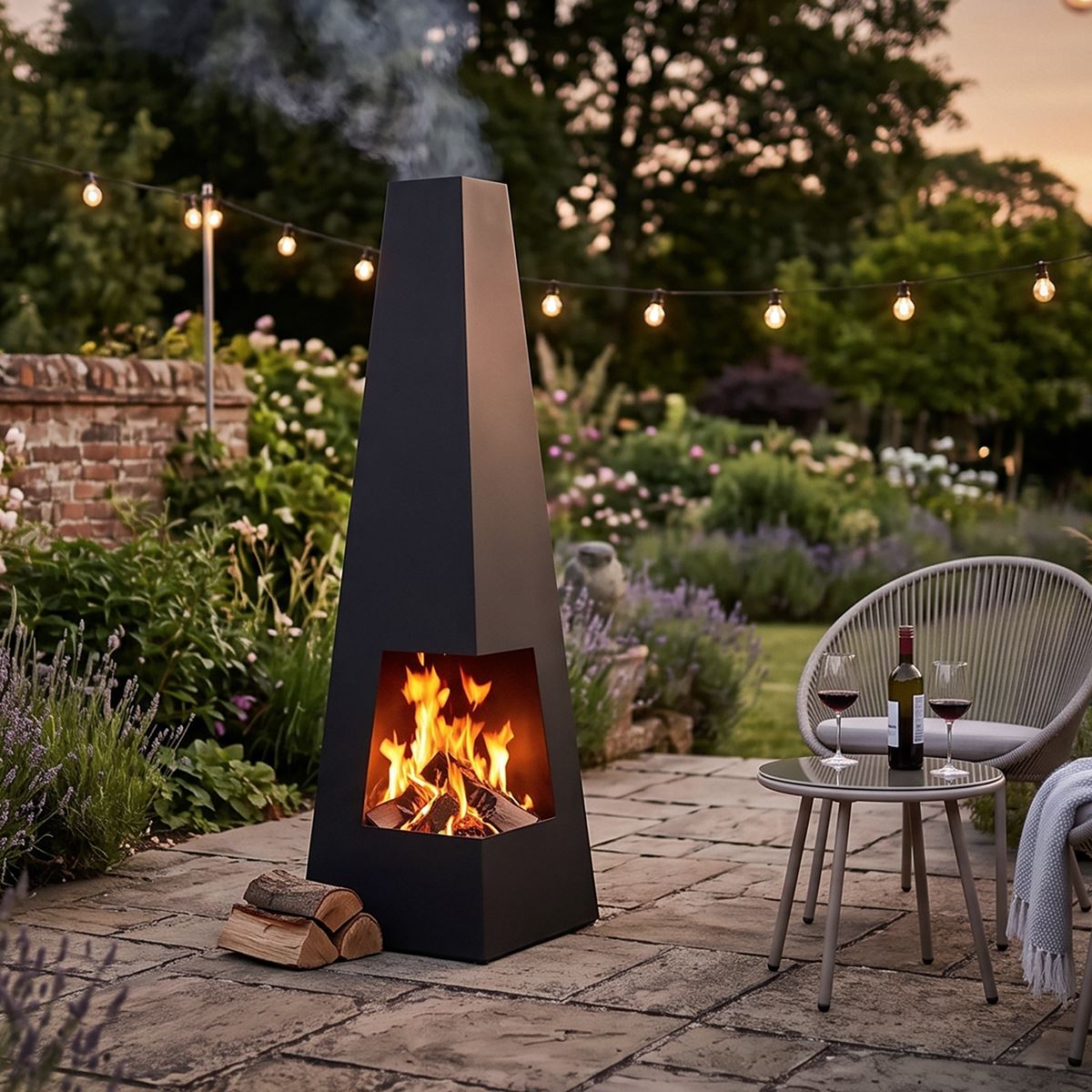 Dellonda DG105 Chiminea, Wood Burner, Heater for Outdoors W45cm x H150cm - Black Steel | Stylish chiminea is perfect for relaxing outdoors with family
