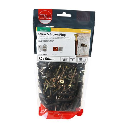 TIMCO Screws & Brown Plastic Plugs 35mm Brown Plug, 5.0x50 Screw Silver Pack 125