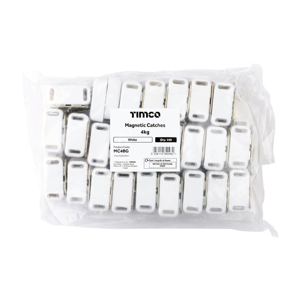 TIMCO MC4BG White 4kg Magnetic Catches 100 Pack for Cupboard and Cabinet Doors Surface Mounted Light Duty Furniture Door Latches