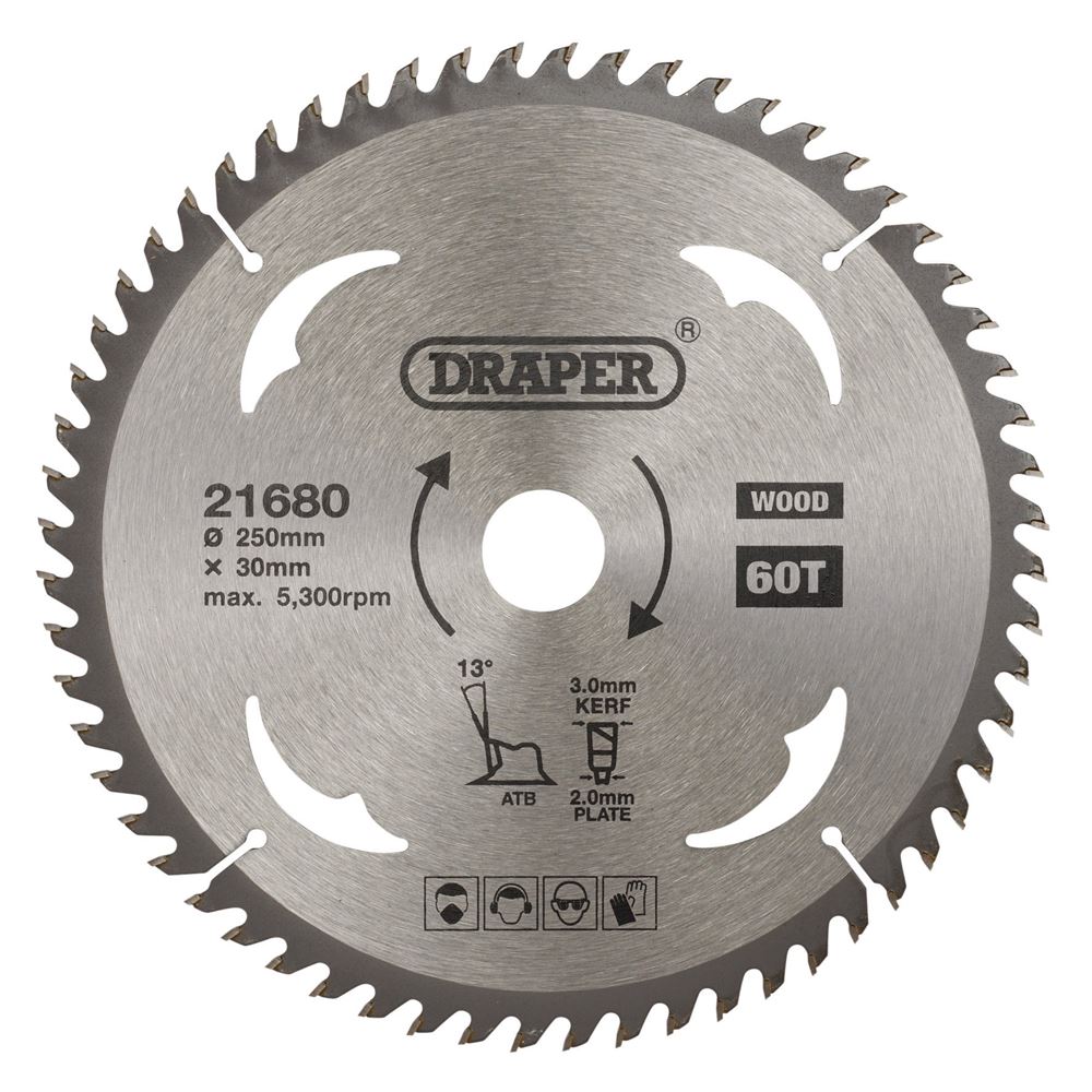 Draper TCT SAW BLADE 250MM 60T WOOD 21680 TCT Circular Saw Blade for Wood, 250 x 30mm