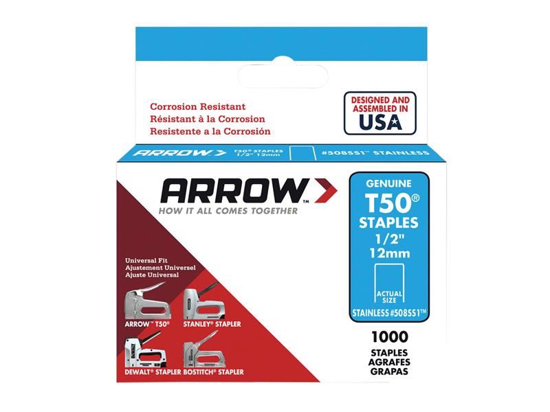 Arrow A508SS1 T50 Staples Stainless Steel 508SS 12mm (1/2in) Box 1000