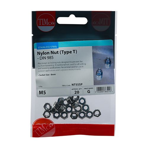TIMCO T Nylon Nut DIN 985 - A2 SS M5 Pack 20