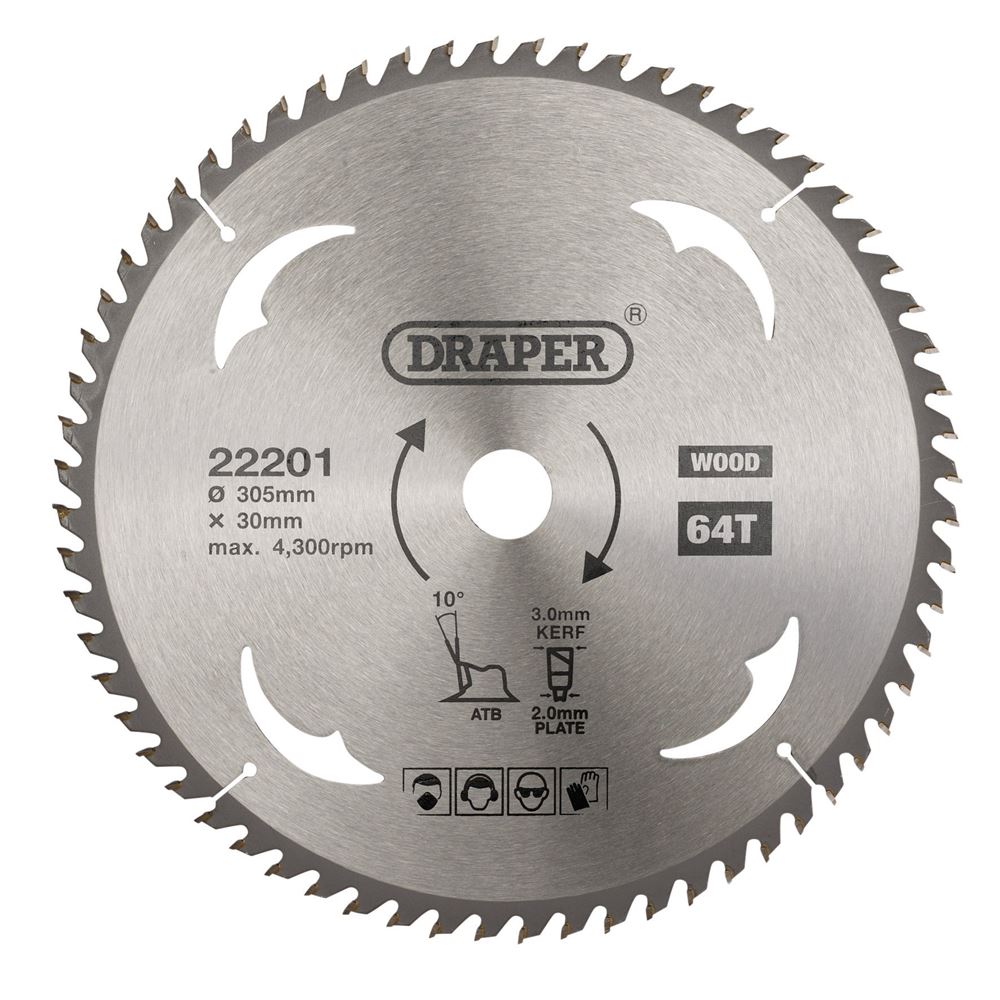 Draper TCT SAW BLADE 305MM 64T WOOD 22201 TCT Circular Saw Blade for Wood, 305 x 30mm