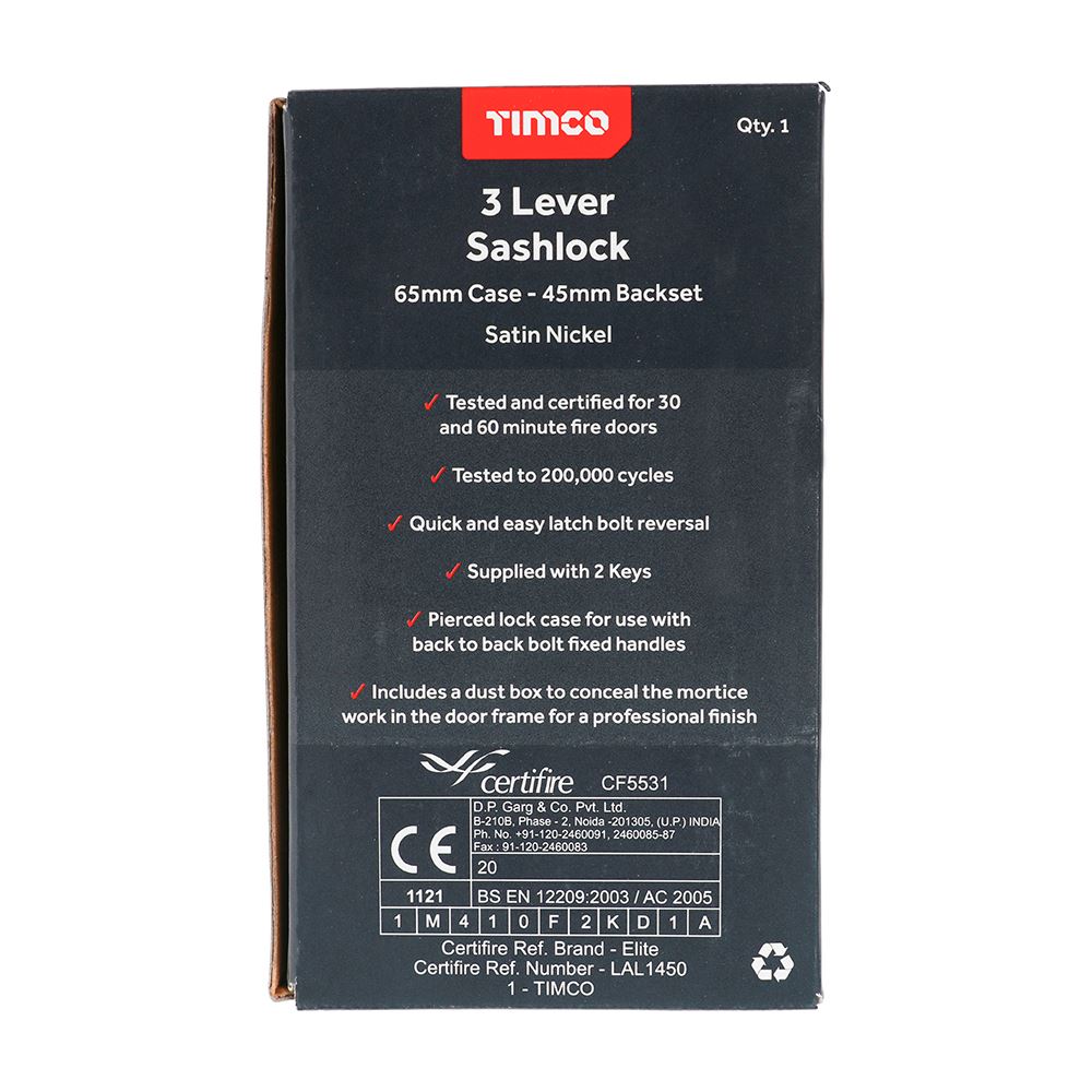 TIMCO 3 Lever Sashlock Sat. Nickel 65mm Pack 1