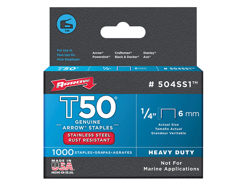 Arrow A504SS1 T50 Staples Stainless Steel 504SS 6mm (1/4in) Box 1000