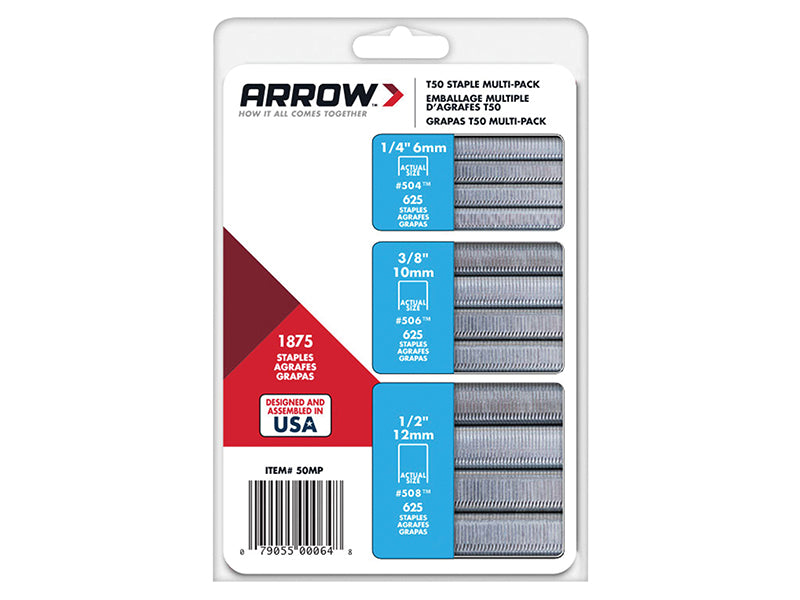 Arrow A50MP T50 Staples Multi Pack 6mm 10mm & 12mm Box 1875 (3 x 625)
