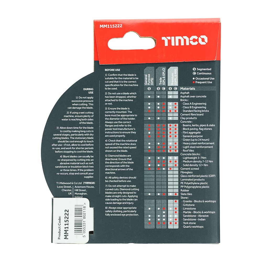TIMCO Prem Diamond Blade Turbo Cont 115 x 22.2 Pack 1