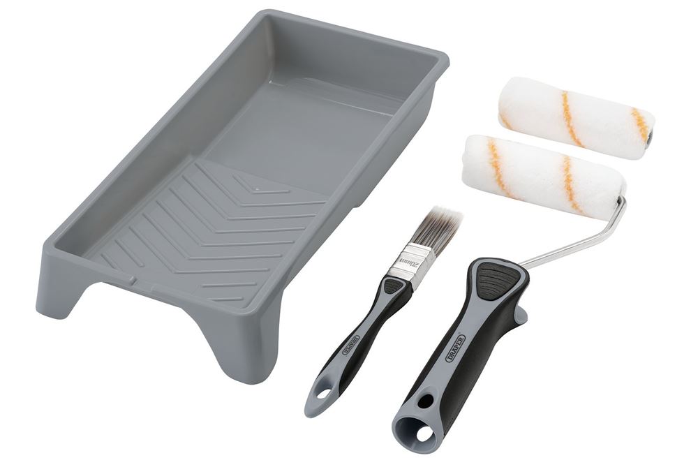 Draper 4" ROLLER BRUSH SET - P/MEDIUM Medium Pile Polyester Paint Roller and Brush Set with Soft Grip (5 Piece)