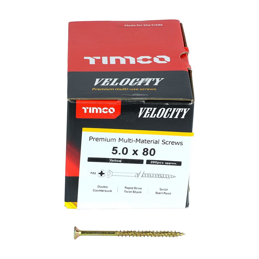 TIMCO Velocity Screw PZ2 CSK ZYP 5.0 x 80 Gold Pack 200