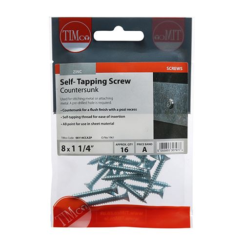 TIMCO S/Tapping Screw PZ2 CSK - BZP 8 x 1 1/4 Silver Pack 16