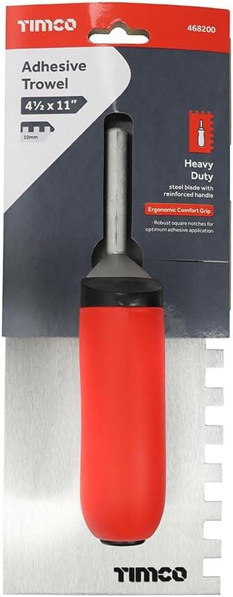 TIMCO 468200 10mm Square Notch Adhesive Trowel – 275 x 113mm Carbon Steel Blade, Aluminium Shank & Soft Grip Handle for Tiling and Fillers