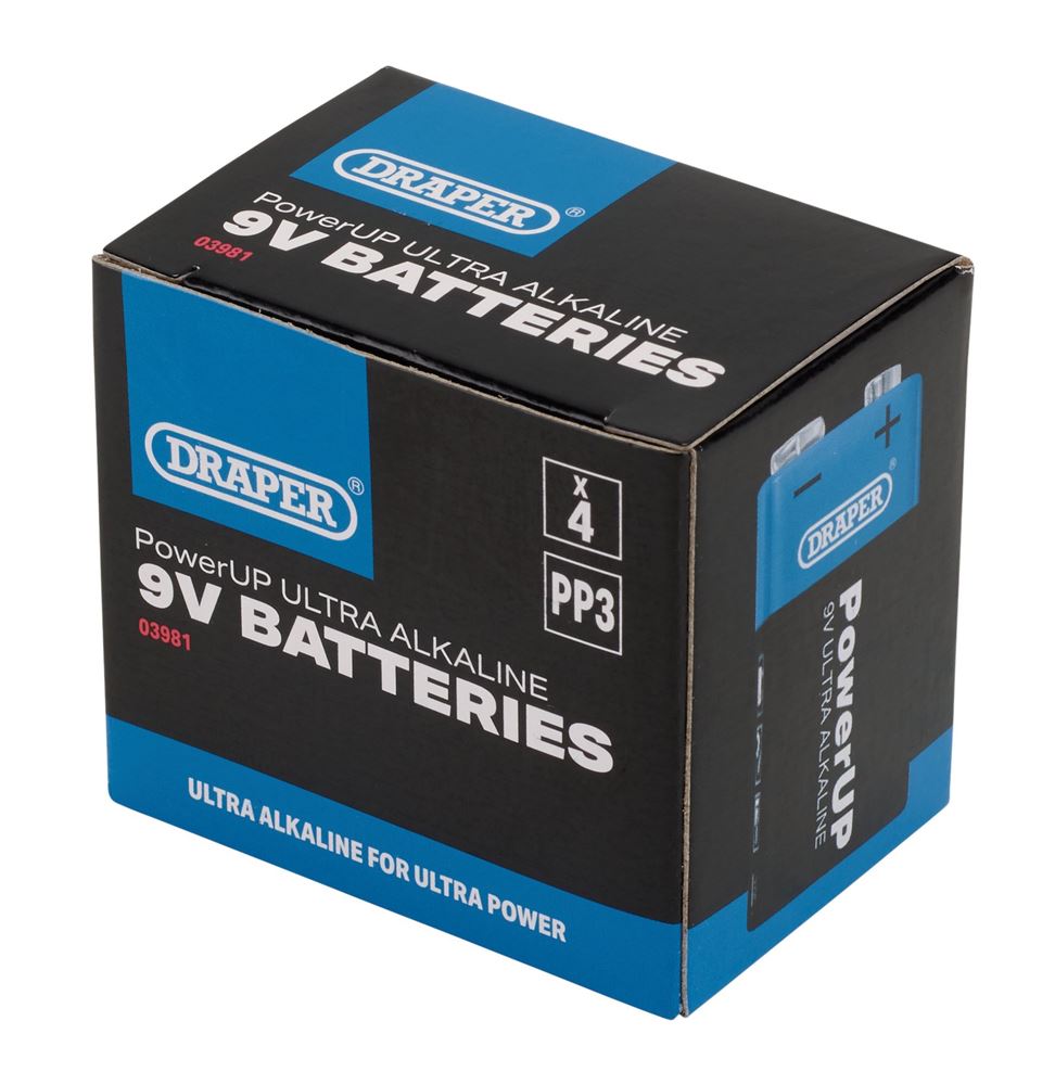 03981 Draper PowerUP Ultra Alkaline 9V Batteries (Pack of 4) BATT/PP3/9V/4 Battery 17.5mm Professional Trade DIY Workshop Garage Use