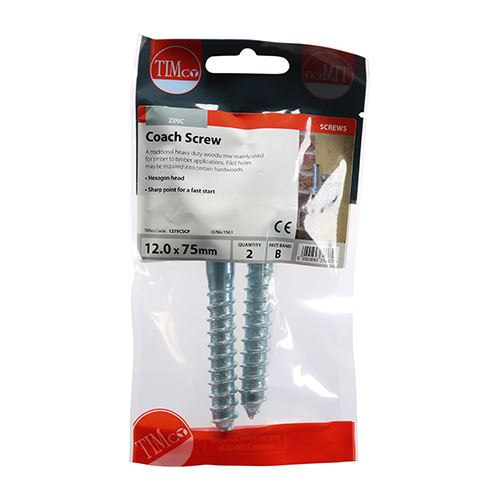 TIMCO Coach Screws Hex Head Silver - 12.0 x 75 TIMpac OF 2 - 1275CSCP