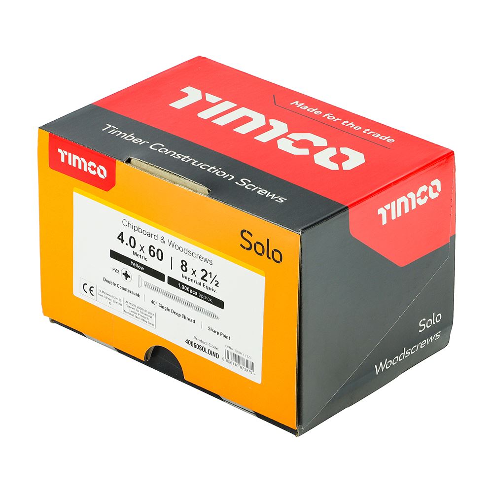 TIMCO Solo Woodscrew CSK - ZYP (IND) 4.0 x 60 Gold Pack 1000