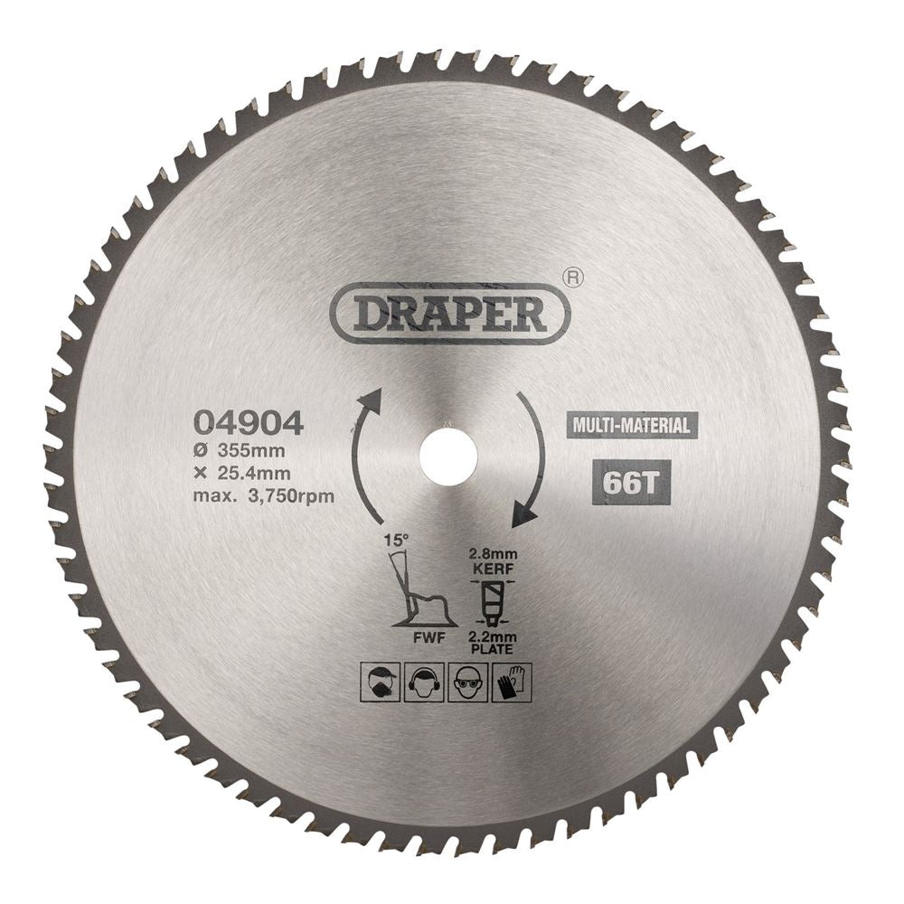 Draper TCT SAW BLADE 355MM 66T MULTI 04904 TCT Multi-Purpose Circular Saw Blade, 355 x 25.4mm, 66T