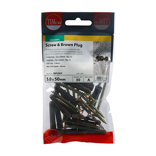 TIMCO Screws & Brown Plastic Plugs 35mm Brown Plug, 5.0x50 Screw Silver Pack 15