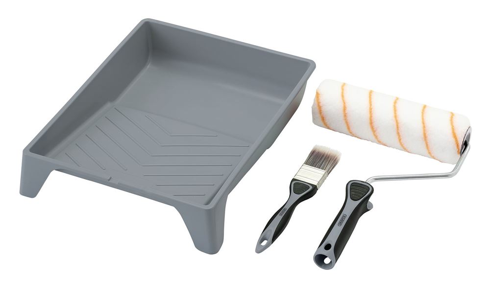 Draper 9" ROLLER BRUSH TRAY SET - P/M Medium Pile Polyester Paint Roller and Brush Set with Soft Grip (4 Piece)