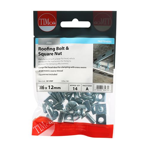 TIMCO Roofing Bolt & SQ Nut - BZP M6 x 12 Silver Pack 14