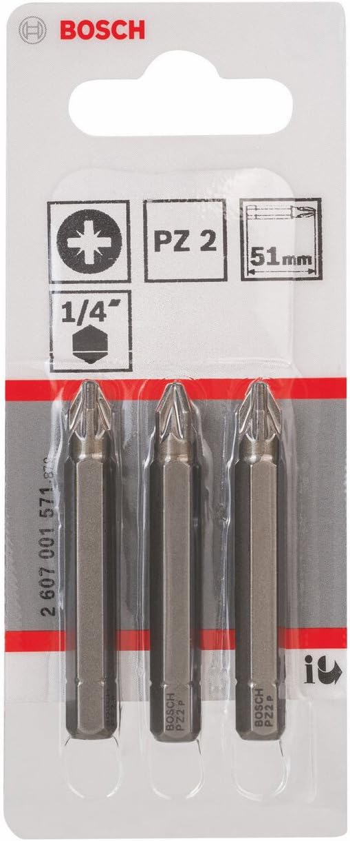 Bosch 2607001571 Extra Hard Screwdriver Bit, Pz 2, 51mm Length, Pack of 3
