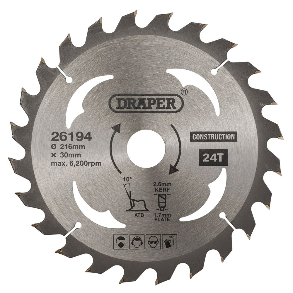 Draper TCT SAW BLADE 216MM 24T CONS 26194 TCT Construction Circular Saw Blade, 216 x 30mm