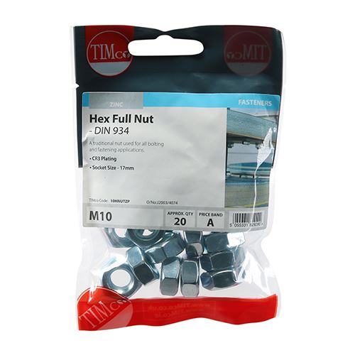 TIMCO Hex Nut DIN 934 - BZP M10 Silver Pack 20