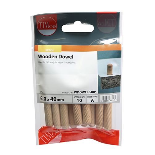 TIMCO Wooden Dowels 8.0 x 40 Pack 10