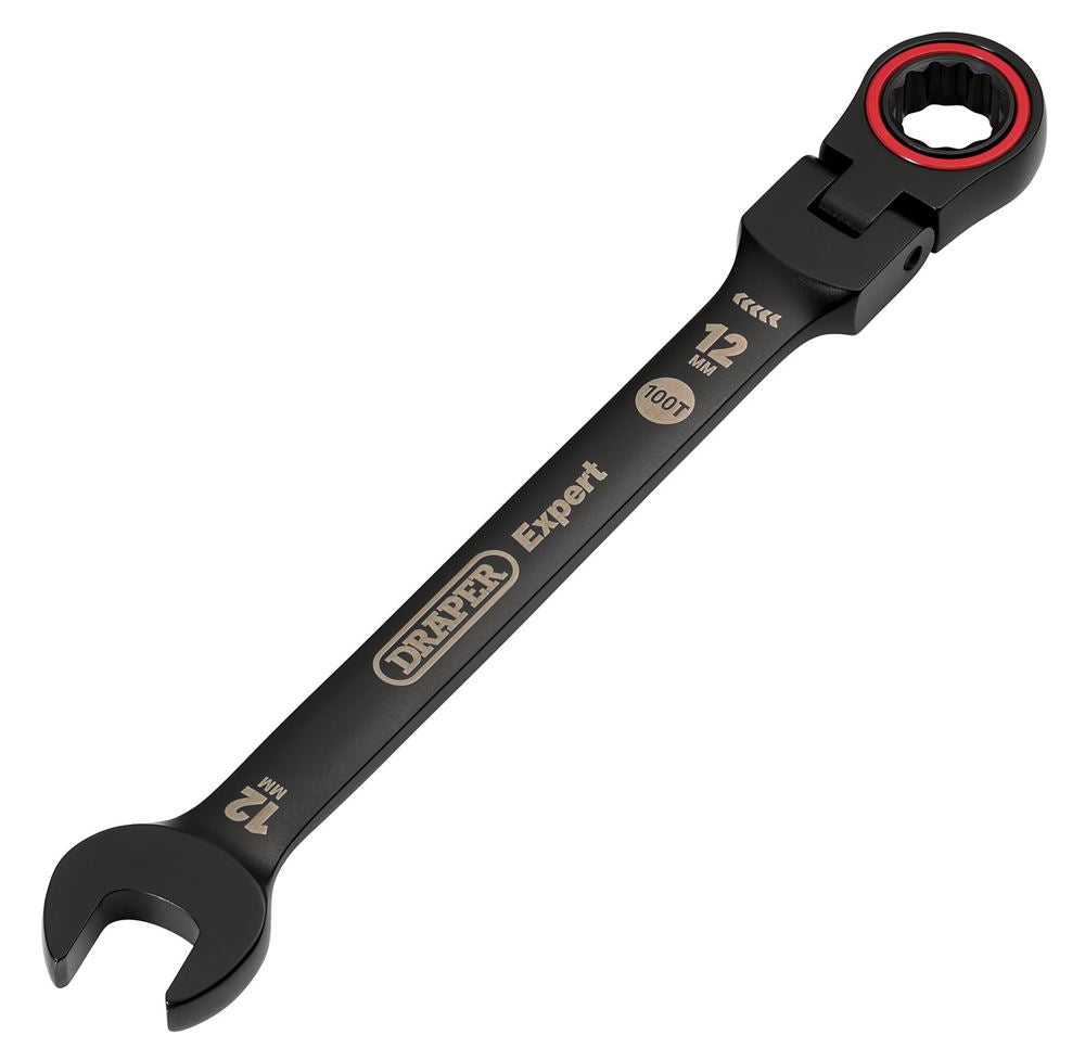 Draper 12MM FLEX HEAD RATCHET SPANNER 03918 HI-TORQ® Metric Flexible Head Ratchet Combination Spanners, Black