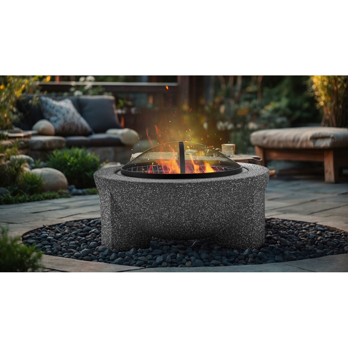Dellonda DG191 Round MgO Fire Pit with BBQ Grill & Safety Mesh Screen 75cm - Dark Grey | Magnesium Oxide | The fire pit is made from MgO (Magnesium