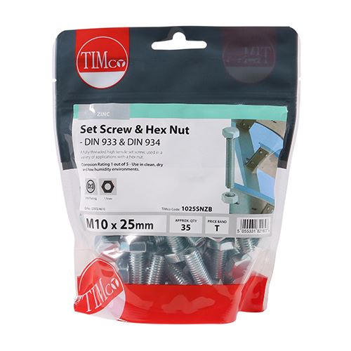 TIMCO Set Screw & Hex Nut - BZP M10 x 25 Silver Pack 35