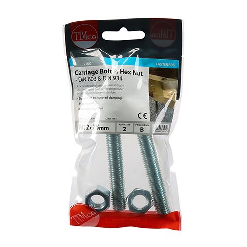 TIMCO Carriage Bolt & Hex Nut - BZP M12 x 75 Silver Pack 2